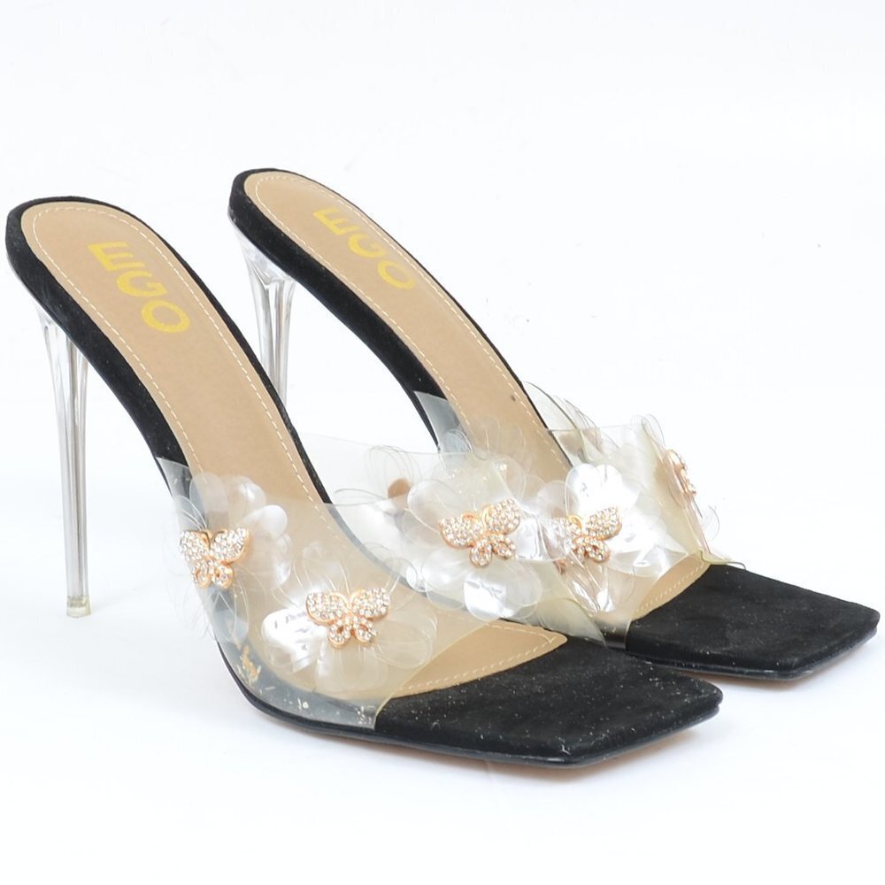 Ego Secret Diamante Butterfly Square Peep Toe Clear Heels Slides Mule Women's 9
